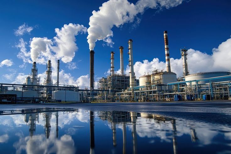 Industrial refinery with smoke stacks
